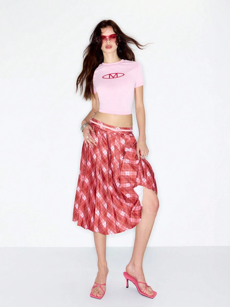 MUSERA Y2K Plaid Pleated Low Rise Midi Skirt Spring Summer Cute