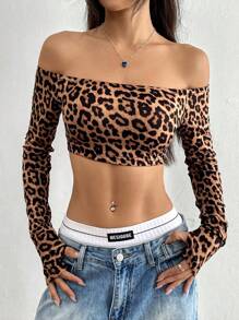 SHEIN Unity 豹纹露肩修身短款上衣 - 彩色 - 查看 3