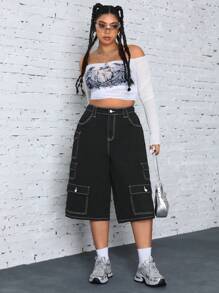 Jeanoix Plus Size Spring & Summer Casual Colorblock Topstitch Cargo Denim Jeans Baggy - Black - View 5