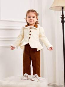 SHEIN طقم فتاة شتوي خريفي دافئ: معطف صوفي بياقة مكسرة و بنطلون مطوي 2 قطعة - متعدد الألوان - مشاهدة 4