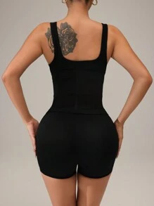 Easithlete 女士无缝腰部收紧吊带背心和短裤运动套装 - 黑色 - 查看 3