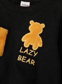 2 piezas Conjunto de sudadera con capucha y pantalón de felpa con bloques de color, bolsillos bordados con oso, para niños pequeños, ropa casual de invierno cálida, adecuada para salidas y fotografía