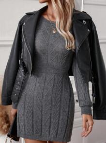 Chiquease Vestido de punto de cuello redondo de manga larga en color gris para otoño - Gris Oscuro - Ver 4