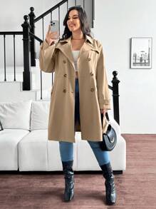 SHEIN Essnce 大码女式秋冬休闲宽松卡其色长袖中长风衣、女士外套、秋季女装、冬季外套、老款、秋季女装、风衣女大衣、长外套、返校节、早午餐女装、服装 - 卡其色 - 查看 5