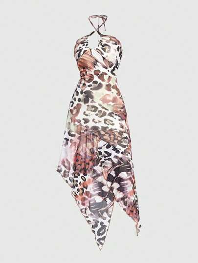 Grunge Punk Vestido de las mujeres occidentales del milenio retro de línea A asimétrico de malla con diseño sin espalda de estampado de leopardo, adornado con cuentas