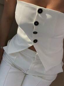 INAWLY Women Button Decor Backless Camisole Elegant Minimalist Blouse - White - View 3