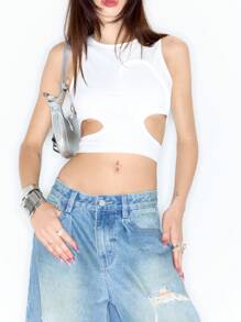 MUSERA Y2K Side Cut Out Crop Tank Top Vacation Spring Summer Festival Holiday - White - View 5