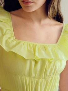 MOTF STUDIO SOLID SQUARE NECK RUFFLE TRIM RUCHED BODICE SCHIFFY HEM DRESS WITHOUT BELT - Yellow - View 3