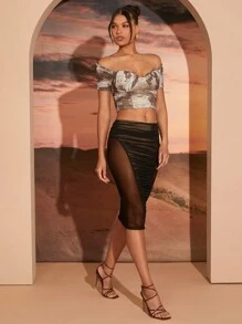 SHEIN Unity Mesh Skirt With Nude Lining In Center And Sheer Side Panels - Black - View 5