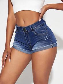 SHEIN SXY Roll Hem Ripped Detail Denim Shorts
