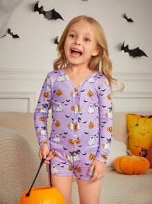 SHEIN Young Girl Snug Fit Halloween Themed Cartoon Pumpkin Print Long Sleeve Half Open Jumpsuit, Mommy And Me Matching Outfit (3 Pieces Sold Separately) - Purple - View 4