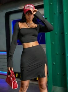 Gameset SHEIN Sport 2pcs Women's Simple Solid Color Square Neck Long Sleeve Top And Split Pencil Skirt Fitness Set - Black - View 9