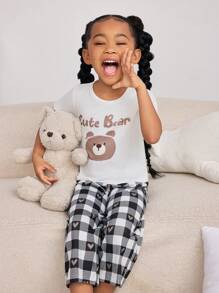 SHEIN Young Girl Cartoon & Letter Graphic Tee & Plaid Pants PJ Set - Multicolor - View 3
