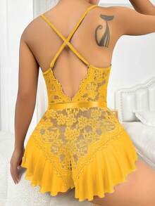 女士蕾丝对比交叉露背连体睡衣 - 黃色 - 查看 2