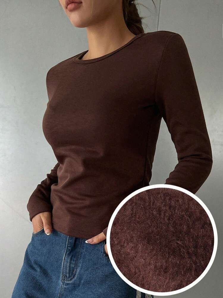Women's Solid Color Round Neck Long Sleeve Fitted Casual Fleece T-Shirt, Thermal Lined Fall,Winter