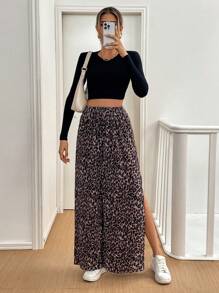 SHEIN Essnce Women Summer  Leopard   Street Fashion Side High Slit Color Block Printed Pleated Casual Wide Leg Baggy Pants - Multicolor - View 7