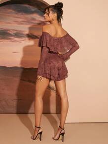 SHEIN Unity Mono de encaje marrón elegante sin hombros con mangas largas y sobrecapa de volantes - Marrón - Ver 3