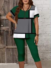 EMERY ROSE 2pcs/Set Plus Size Casual Geometric Pattern Round Neck Short Sleeve Tight Fitting 3/4 Pants, Suitable For Summer - Multicolor - View 6