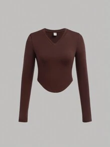SHEIN 4 peças/conjunto adolescente menina decote em v bainha curva manga longa casual versátil camada de base camisetas de malha