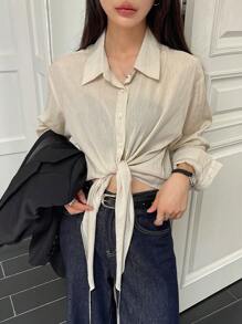 DAZY Loose Solid Color Long Sleeve Lapel Tie Front Women Blouse,Fall Clothes - Apricot - View 6