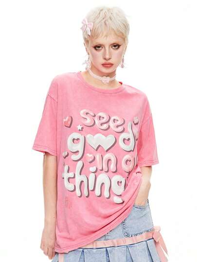 Kawaii Camiseta holgada informal para mujer con estampado de gatos, de tela con textura y desgaste lavado