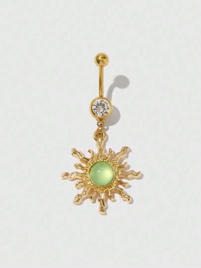 Fairycore 1 pieza Anillo de ombligo en forma de girasol con diamantes de imitación de tono dorado verde de acero inoxidable de moda para uso diario de mujeres