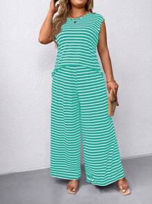 SHEIN LUNE Bộ đồ 2 món cổ tròn tay lỡ kẻ sọc mùa hè cỡ lớn cho nữ - Màu xanh bạc hà - Xem 1