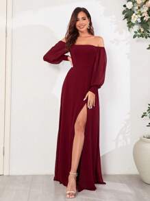 春夏女士露肩高开衩雪纺A字酒红色伴娘礼服，适合婚礼场合 - 酒紅色 - 查看 2