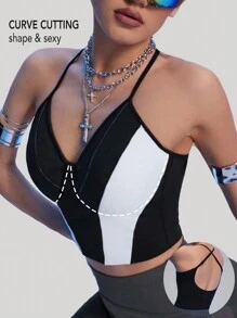 Innovista Women Black And White 3D Cutting Sport Workout Cami Top,Summer Athleisure Gym Crop Tops,Striped Push Up Bra With Soft Cups,Utilitarian Chic Lady Shirt - Multicolor - View 2