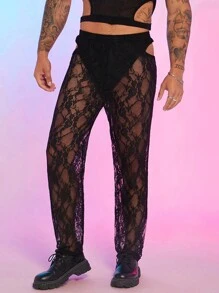 FeverCity 男士性感大胆前卫蕾丝镂空直筒高腰西装长裤 - 彩色 - 查看 1