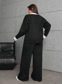 Cloudara Conjunto de 2 piezas de talla grande para mujer compuesto por un cárdigan de bloque de color con borde enrollado y hombros caídos, y pantalones con cierre de botones, para invierno - Negro - Ver 2