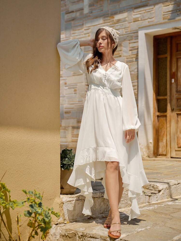 Women Romantic Fall Vacation White Lace Lantern Sleeve Asymmetric Hem Dress,Elegant Teacher Back To School Outfits& Everyday Date & Goddess Day