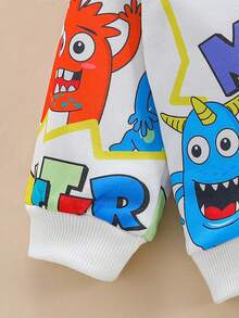 Baby Boy Autumn And Winter Warm Graffiti Casual Fashion Street Style Little Monster Cartoon Print Two-Piece Suit - Multicolor - View 4