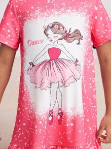 SHEIN Sommerliches, süßes und bequemes Schlafkleid für Kleine Mädchen mit Cartoon-Muster, kurzem Arm, Rüschen am Saum und flammhemmender Funktion