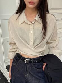 DAZY Loose Solid Color Long Sleeve Lapel Tie Front Women Blouse,Fall Clothes - Apricot - View 8