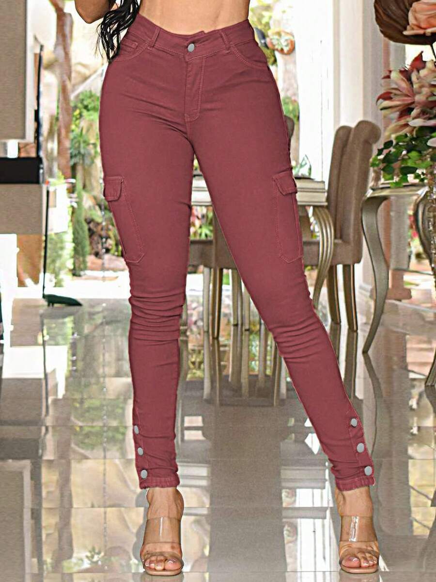 Peto informal de talle alto con presillas y cinturón, estilo de calle diario para mujer - Rojo - Ver 1