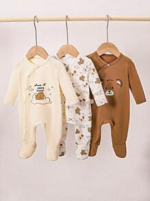 SHEIN 3pcs Baby Boy Cute Bear Pattern Long Sleeve Button-Up Footie Pajama, Knitted, Comfortable And Soft Skin Graphic - Khaki - View 6