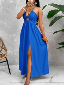 SOLERSUN Crisscross Tie Backless Halter Swing Dress Maxi Women Outfit - Royal Blue - View 3