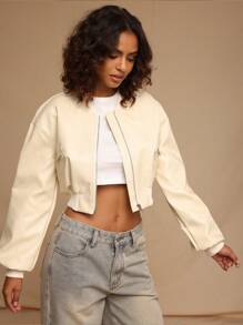 Forever 21 Chaqueta/abrigo de mujer para otoño e invierno, color amarillo claro, con cremallera, de piel sintética, corto, manga larga, lindo, vuelta al colegio, para tallas pequeñas y altas, para la oficina, con cuello, para ocasiones de salida, maestros, casual de negocios, cuello redondo - Blanco - Ver 8