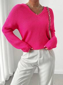 SHEIN LUNE V-Neck Dropped Shoulder Solid Color Sweater, Spring Autumn, Knit Pullover Fall Winter - Hot Pink - View 5