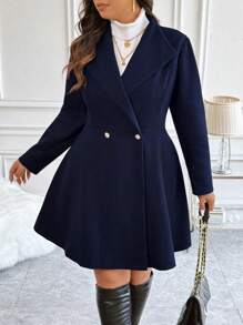 Flirla Plus Size Women's Solid Color Simple Everyday A-Line Jacket, For Winter - Navy Blue - View 6