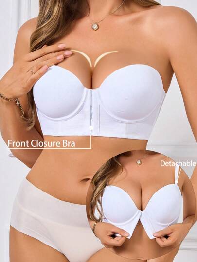 SHEIN 可拆卸肩带前扣式聚拢文胸，穿脱方便，凸显小胸围和隐形无肩带文胸，带钢圈，包括常规肩带和隐形肩带，适合日常穿着、正式场合，也可单品穿着