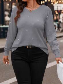 SHEIN LUNE Áo len cổ tròn đính đá pha lê màu xám cỡ lớn cho nữ, Áo len thu/ngày lễ, cho mùa đông - Xám - Xem 4