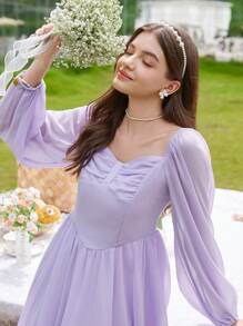 SHEIN 青少年女孩胸部褶皺燈籠袖洋裝 - 淡紫色 - 查看 4