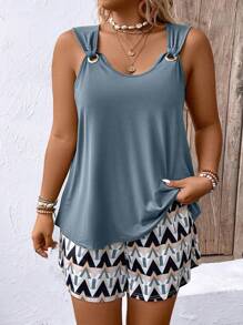 Plus Size Vakantie Casual Effen Kleur Tanktop En Geometrisch Patroon Shorts 2 Stuks Set