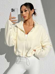 SHEIN Sport Studio Wind-Resistant Warm Dropped Shoulder Hem Drawstring Short Jacket Sports Jacket