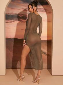 Hauture Váy dài tay kim loại buộc phía trước - Màu Xám nhạt - Xem 2