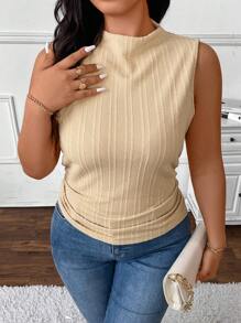 SHEIN Frenchy Top de punto de cuello alto con textura tipo cable en talla grande - Albaricoque - Ver 4