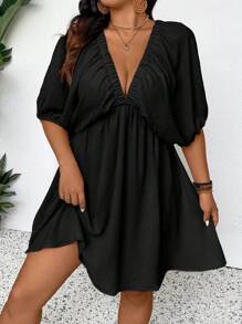 SHEIN Frenchy Comfortable Lantern Sleeve Mid-Length A-Line Plus Size Vacation Casual Short Dress Summer Women Dresses - Black - View 4