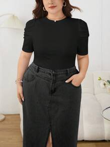 SHEIN Privé Áo thun ngắn tay cổ tròn đơn giản màu trơn dành cho nữ Plus Size - màu đen - Xem 6